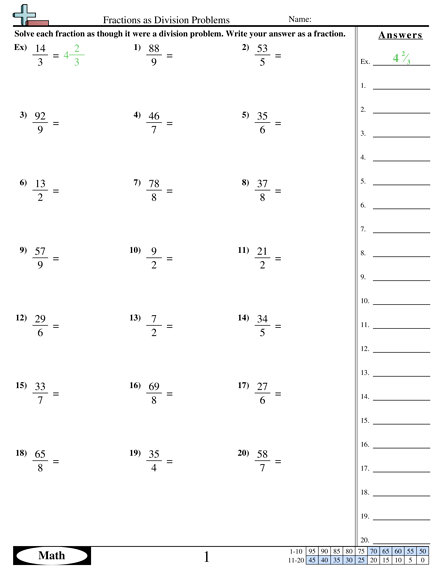 Fractions as Division Problems Worksheet - Fractions as Division Problems  worksheet